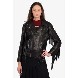 Gucci Black Leather Fringe Beaded Jacket Size 38